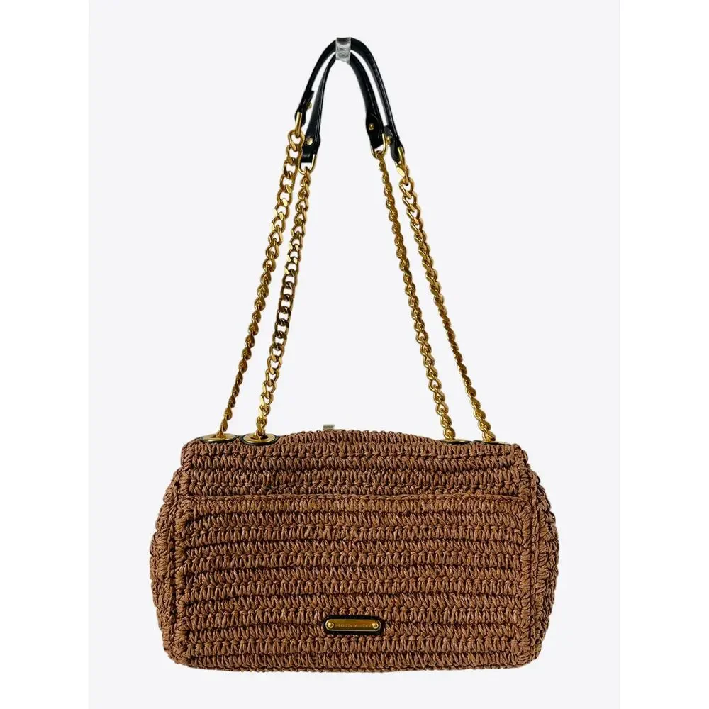 Rebecca Minkoff Edie Medium Crossbody Tawny Brown Raffia Straw Chain Bag